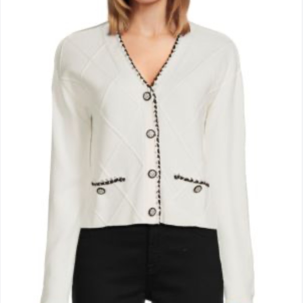 Laundry Shelli Segal Diamond texture ivory cardigan black contrast trim tweed M